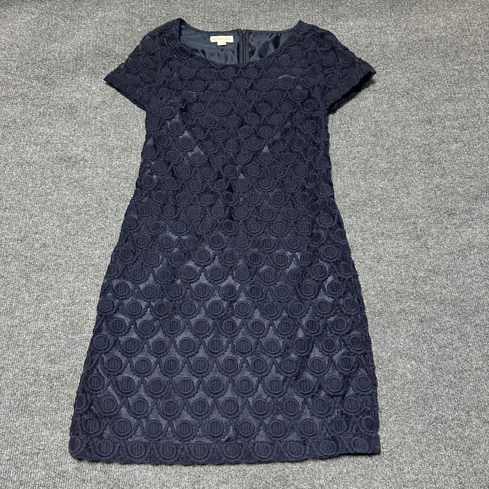 Monsoon Navy Blue Lace Overlay Short Sleeve Shift Dress US 4 UK 8 EUR 36